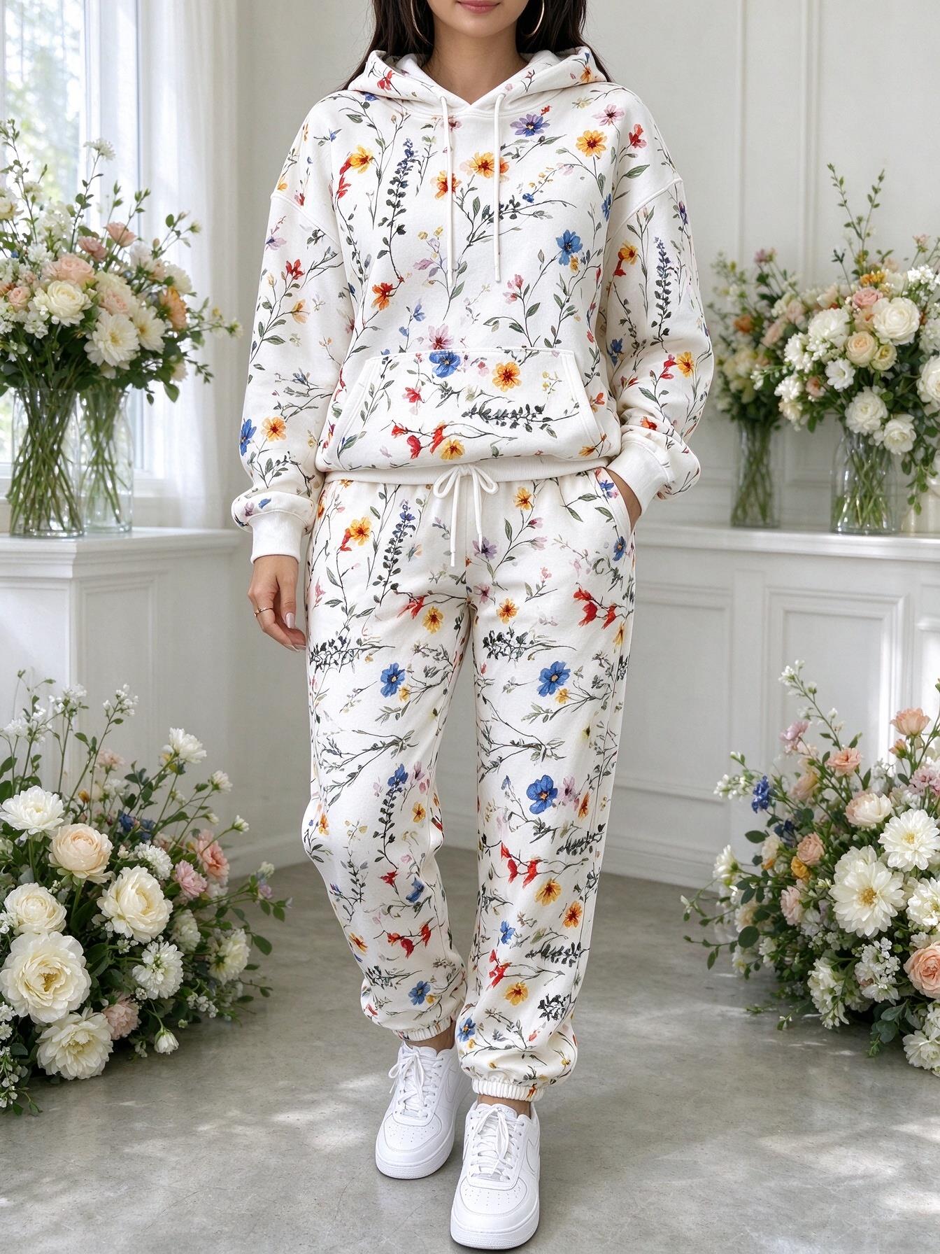 Joggers Pants - Women Wildflower Floral Hooded Tracksuit, Printed